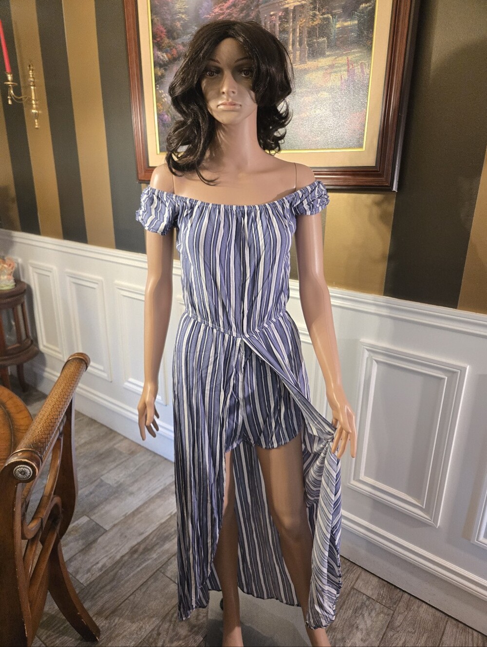 J for Justify Blue and White Striped Off-Shoulder High-Low Dress